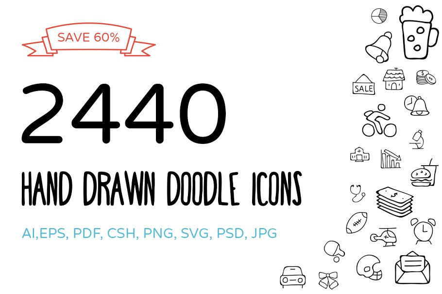 2440个手绘涂鸦图标 2440 Hand Drawn Doodle Icons Bundle插图