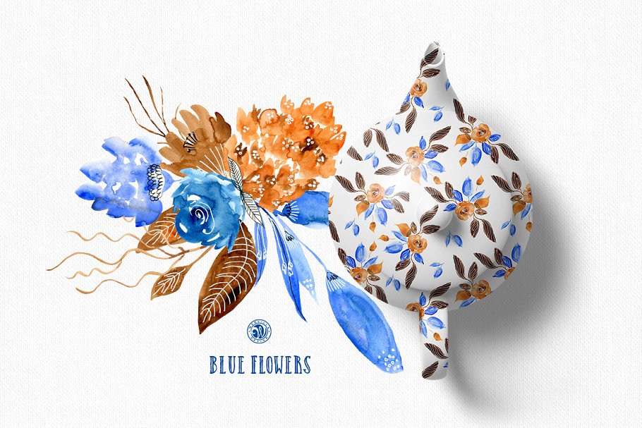 蓝色手绘水彩花卉插画合集 Blue Flowers插图(1)