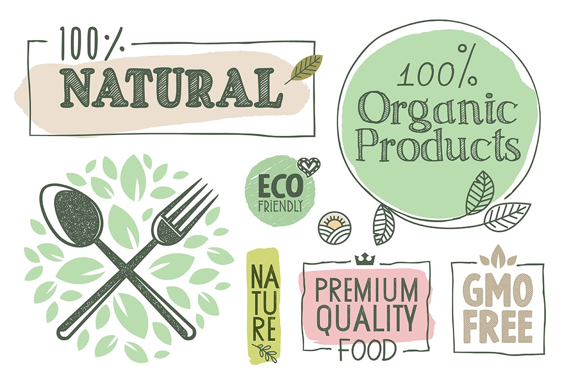有机食品标志/标签/徽章设计模板素材 Organic Food Labels and Badges Collection插图(1)