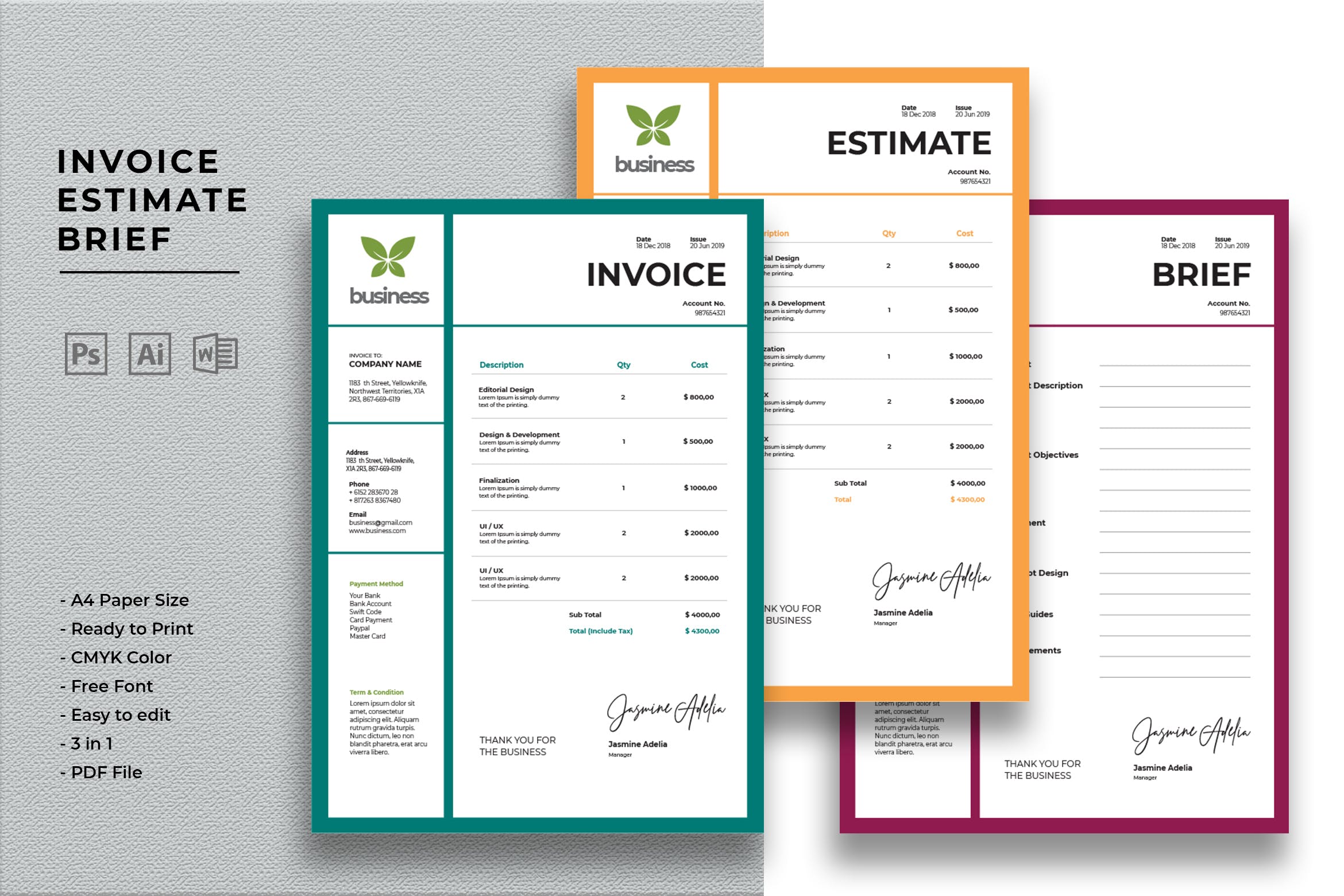 企业发票/预算/报价表标准模板素材 Invoice Estimate Brief插图