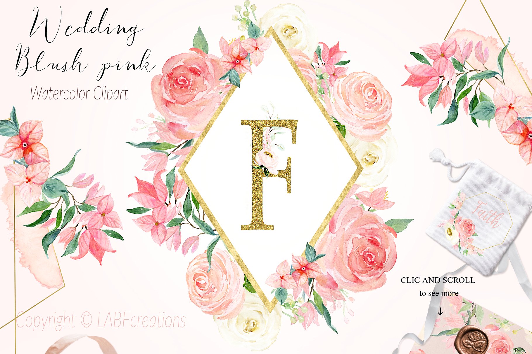 胭脂红水彩花卉元素，花环，花式字母… Blush pink bougainvillea插图(7)