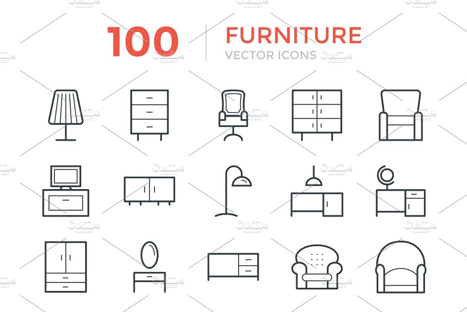 100个家居家具矢量线条图标  100 Furniture Vector Icons插图