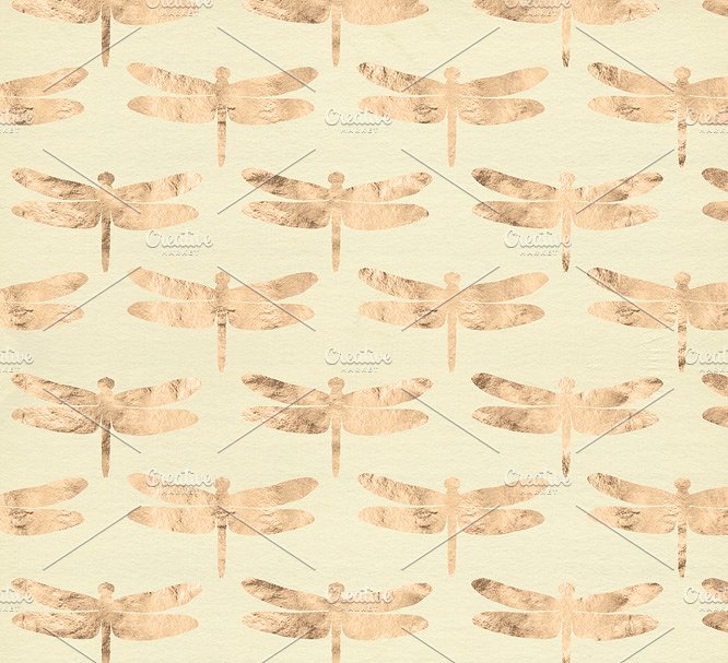 阳光金箔色调蜻蜓图案纹理 Sunny Gold Dragonfly & Lily Patterns插图(1)