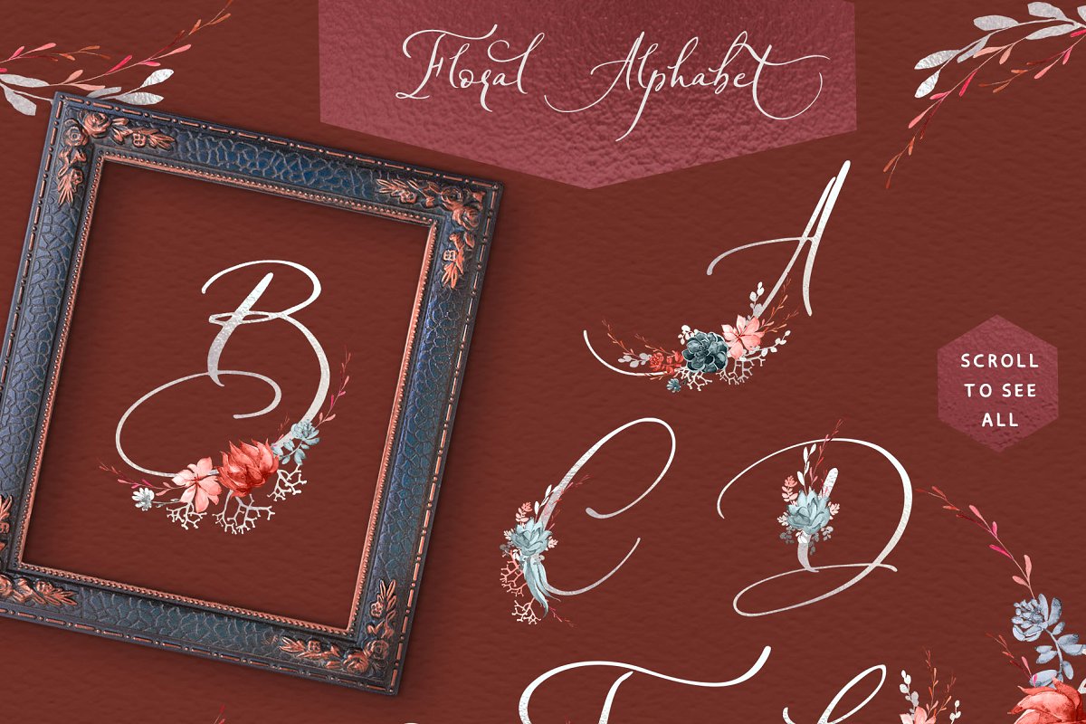 珊瑚花卉婚礼图案&字体套装插图(13)