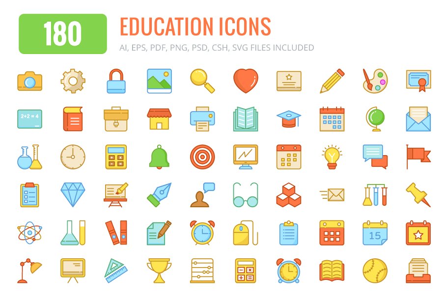 180枚教育主题彩色线条图标 180 Education Colored and Line Icons插图