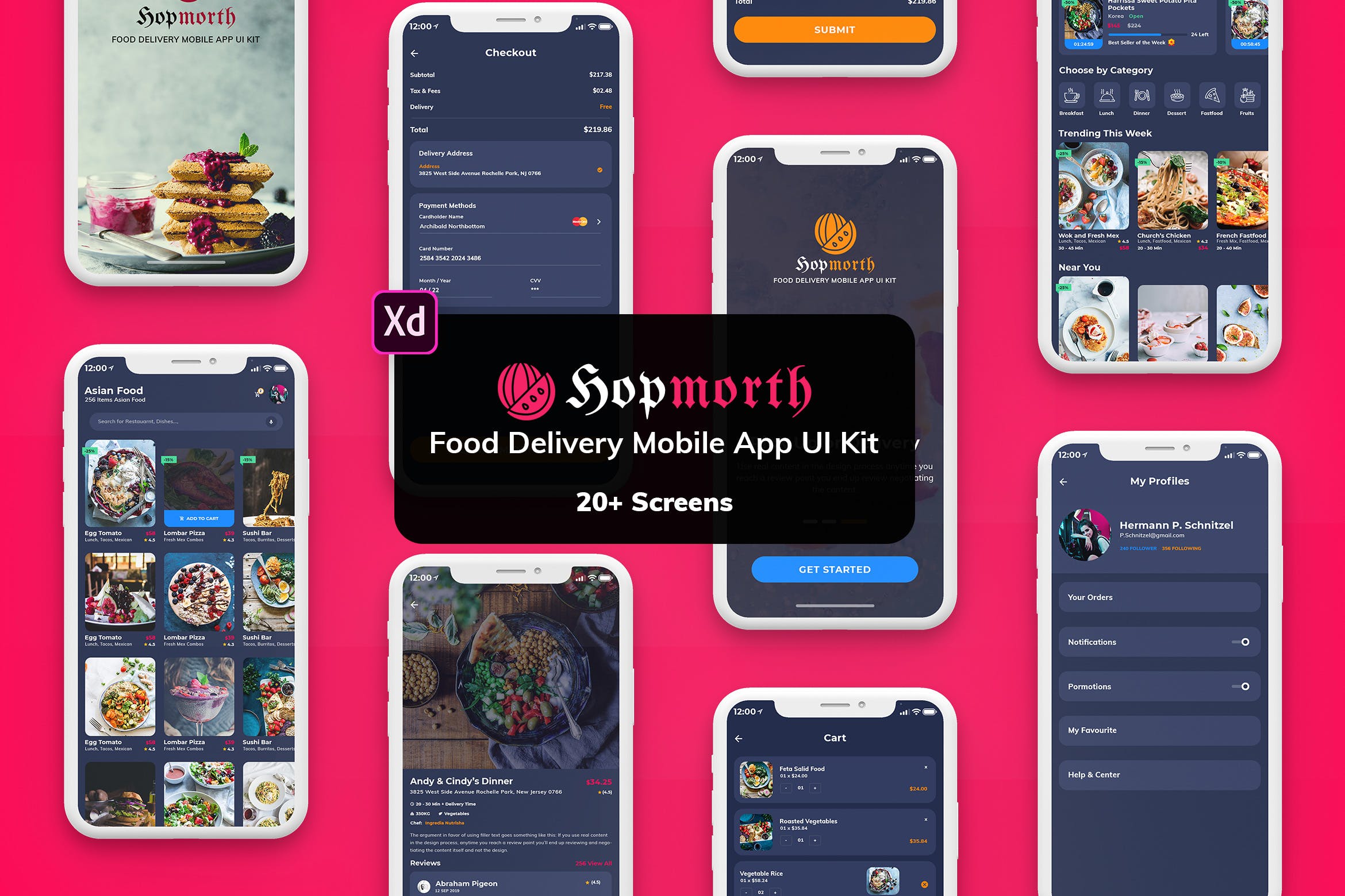 在线订餐美食主题APP应用UI设计XD模板[夜间模式版本] Hopmorth-Restaurant Mobile App UI Kit Dark (XD)插图