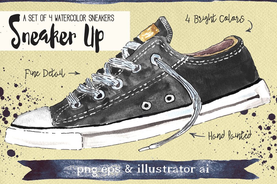 明亮的手绘水彩板鞋插画 Watercolor Sneakers + Bonus插图(2)