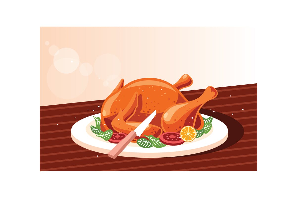 烤鸡美食素材矢量插画素材 Whole roasted chicken on wooden cutting board插图
