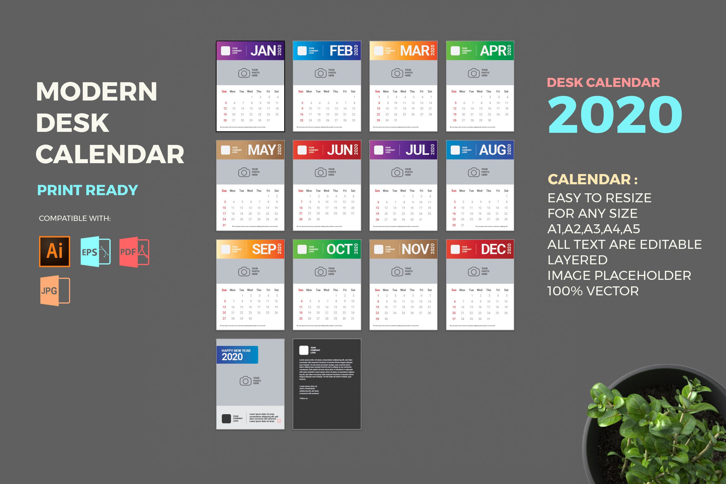 现代简约设计风格2020年台历设计模板 Modern 2020 Desk Calendar Pro插图