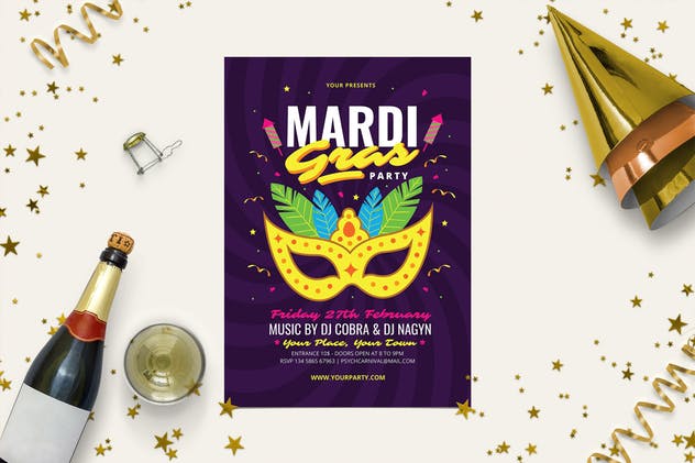 狂欢节之夜活动海报设计模板 Mardi Gras Party插图(1)