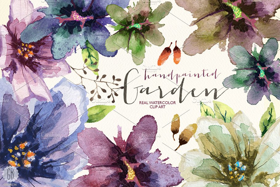 色彩丰富的水彩花园花卉剪贴画 Aquarelle watercolor garden flowers插图