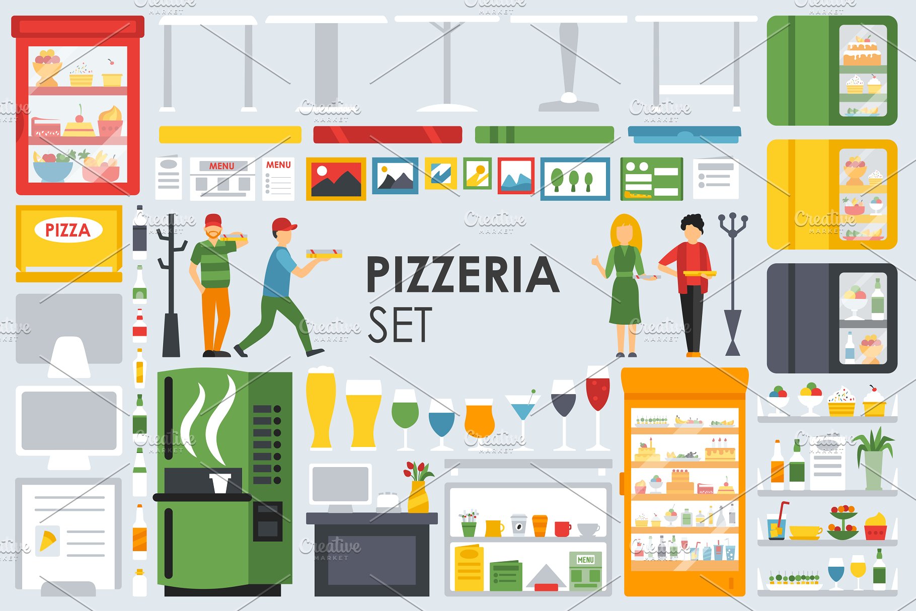 披萨店扁平设计风格设计元素 Pizzeria Flat Objects 9 collections插图(1)