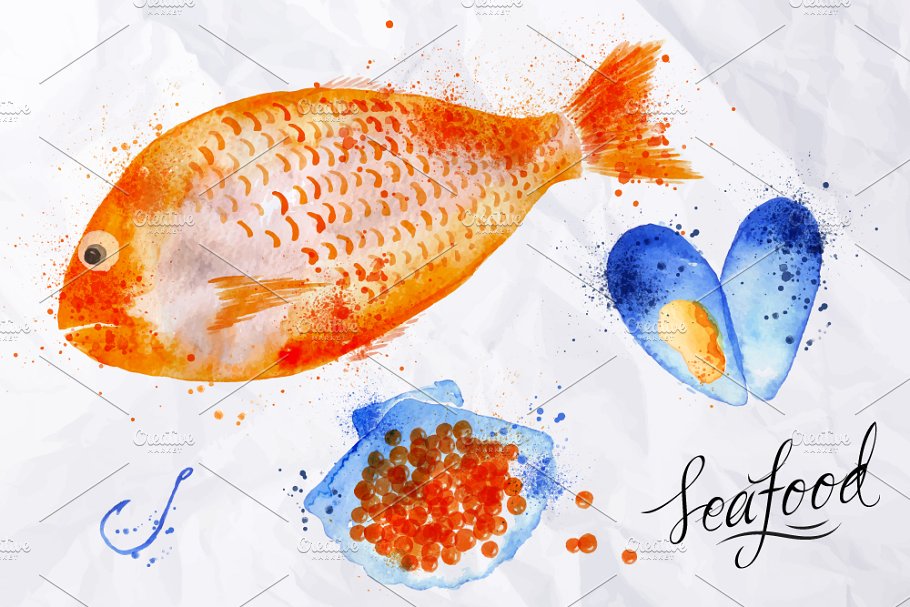海鲜水彩矢量图形素材集 Set Seafood插图(3)