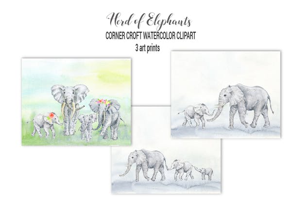 大象群水彩剪贴画合集 Watercolor herd of elephants插图(2)