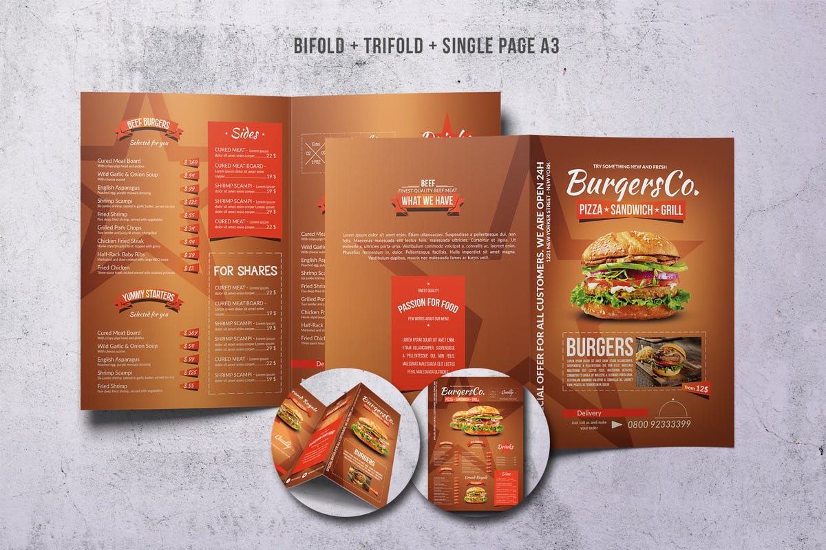 美式快餐汉堡菜单设计PSD模板套装 American Burgers Menu Bundle插图