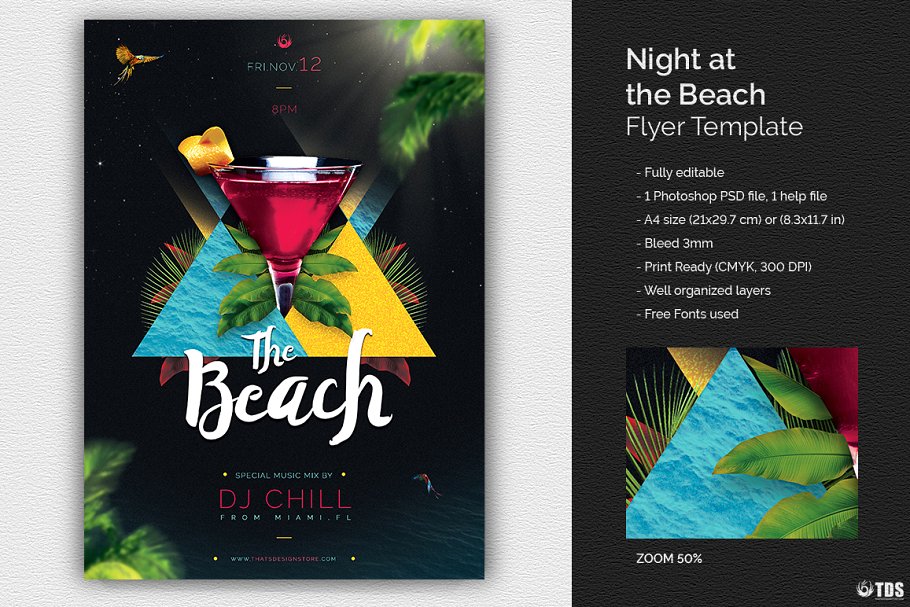 海滩之夜宣传海报PSD传单模板V.1 Night at The Beach Flyer PSD V1插图