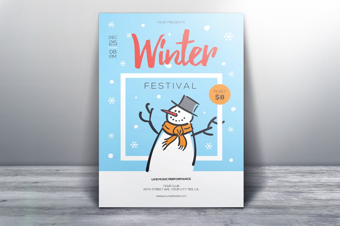 简笔画小雪人手绘图案冬天主题海报传单设计模板 Winter Festival插图(1)