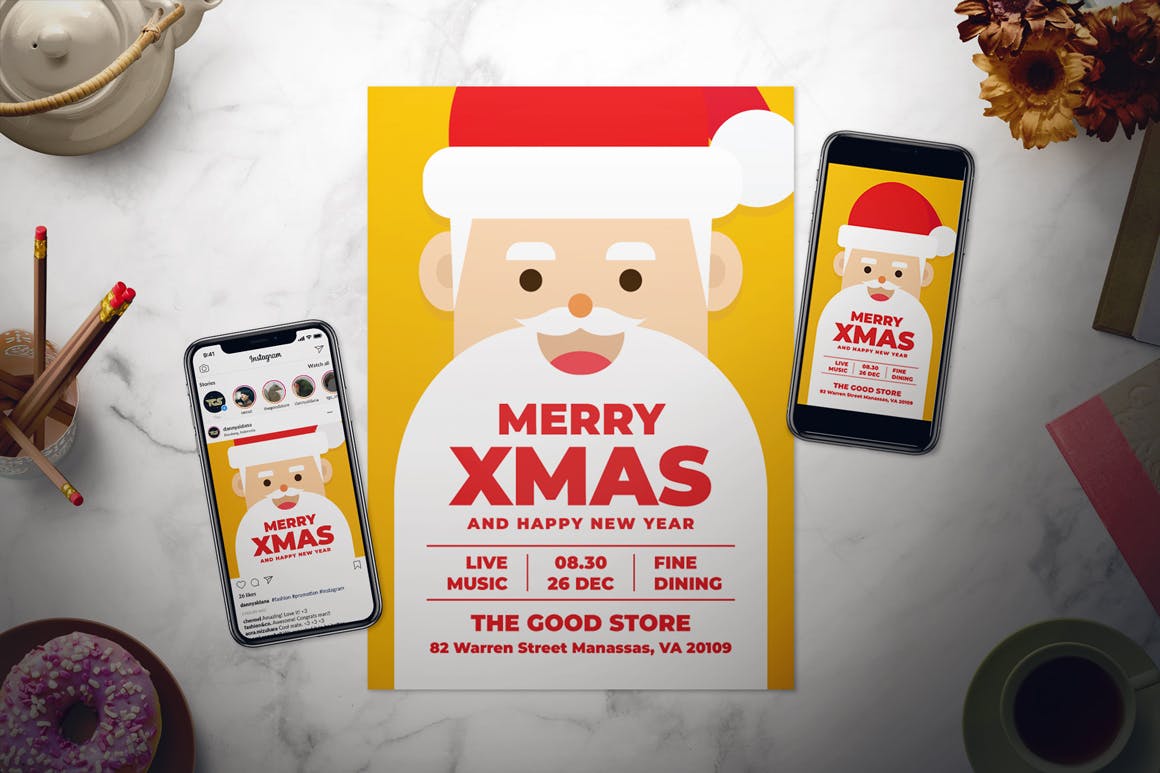 圣诞节卡通圣诞老人海报传单设计模板 Christmas Flyer Set插图(1)