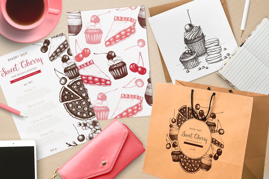 墨水手绘烘焙樱桃甜点矢量插图合集 Cherry Desserts & Baking Set插图(6)