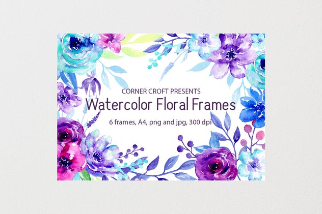 蓝色&紫色水彩花卉框架插画 Watercolor Floral Frame Blue and Purple插图(2)