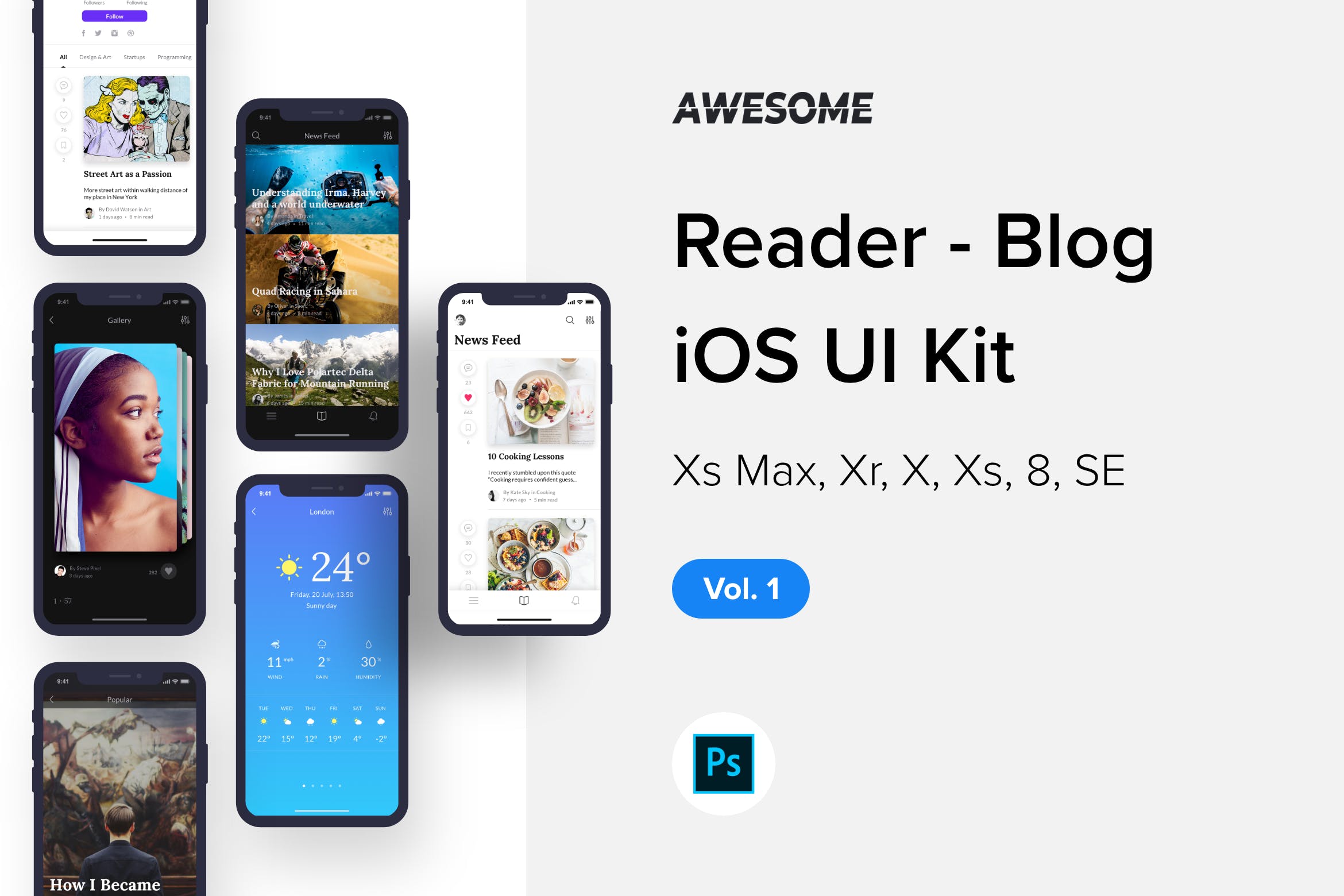 读者博客类iOS应用APP设计套件PSD模板v1 Awesome iOS UI Kit – Reader Blog Vol. 1 (PSD)插图