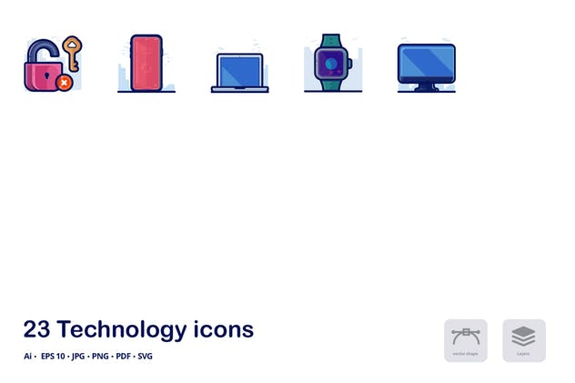信息技术主题多彩线形图标 Technology detailed filled outline icons插图(1)