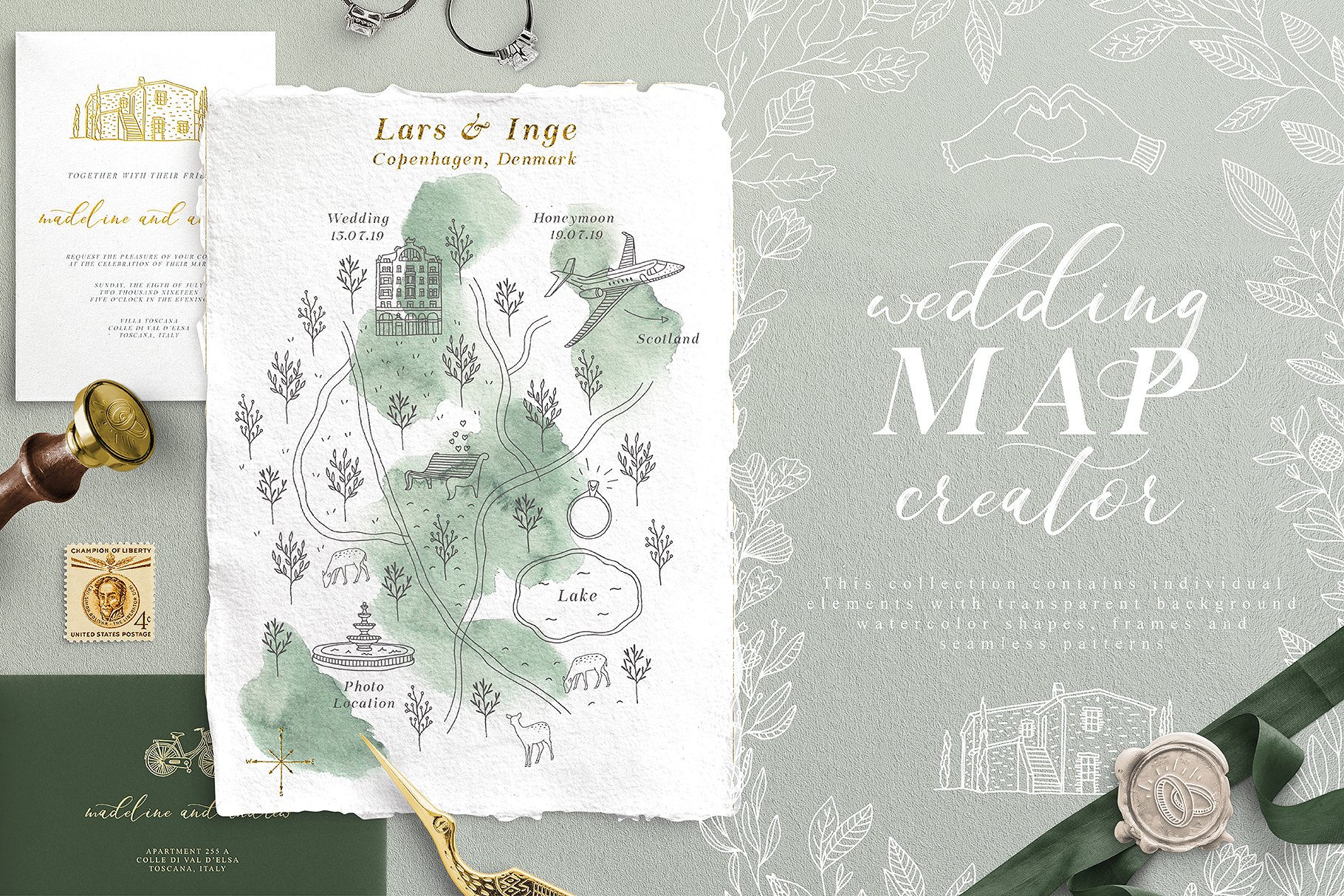 创意文艺风格婚礼邀请函地图设计素材包 Wedding Map Creator Collection插图