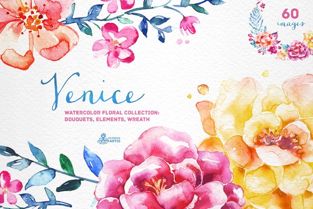 威尼斯水彩花卉设计素材收藏 Venice. Watercolor floral collection插图