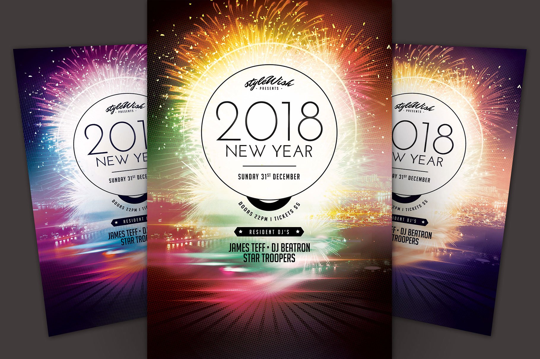 绚丽烟花背景新年海报传单设计模板 2018 New Year Flyer插图