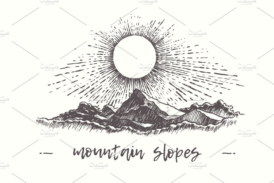 太阳与山脉素描矢量图形 Illustration of mountain slopes插图
