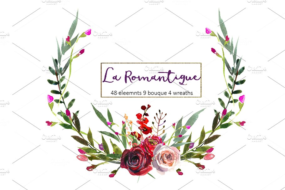 勃艮第红粉水彩花卉剪贴画 Burgundy Red Pink Flowers Clipart插图(2)