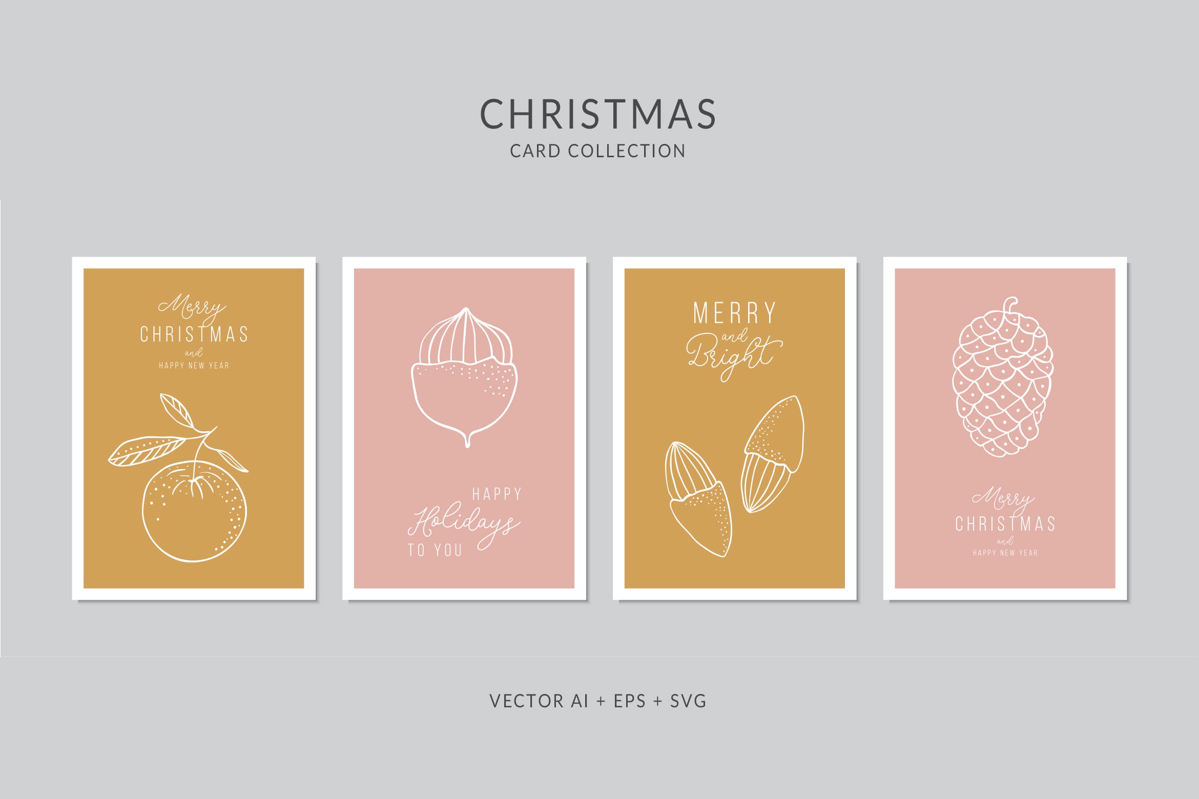 圣诞果实简笔画手绘图案圣诞节贺卡模板 Christmas Greeting Card Vector Set插图
