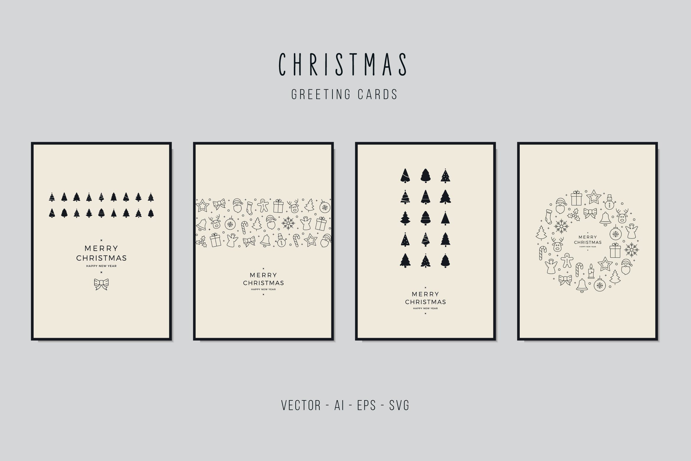 圣诞树&圣诞节元素手绘图案圣诞节贺卡矢量设计模板 Christmas Greeting Vector Card Set插图