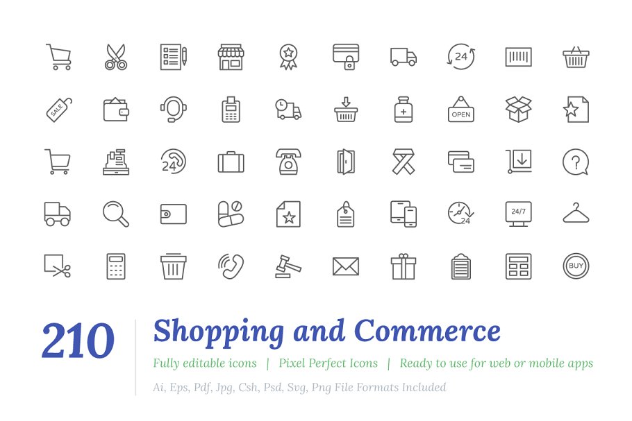 210枚电子商务贸易主题图标 210 Shopping Line Icons插图