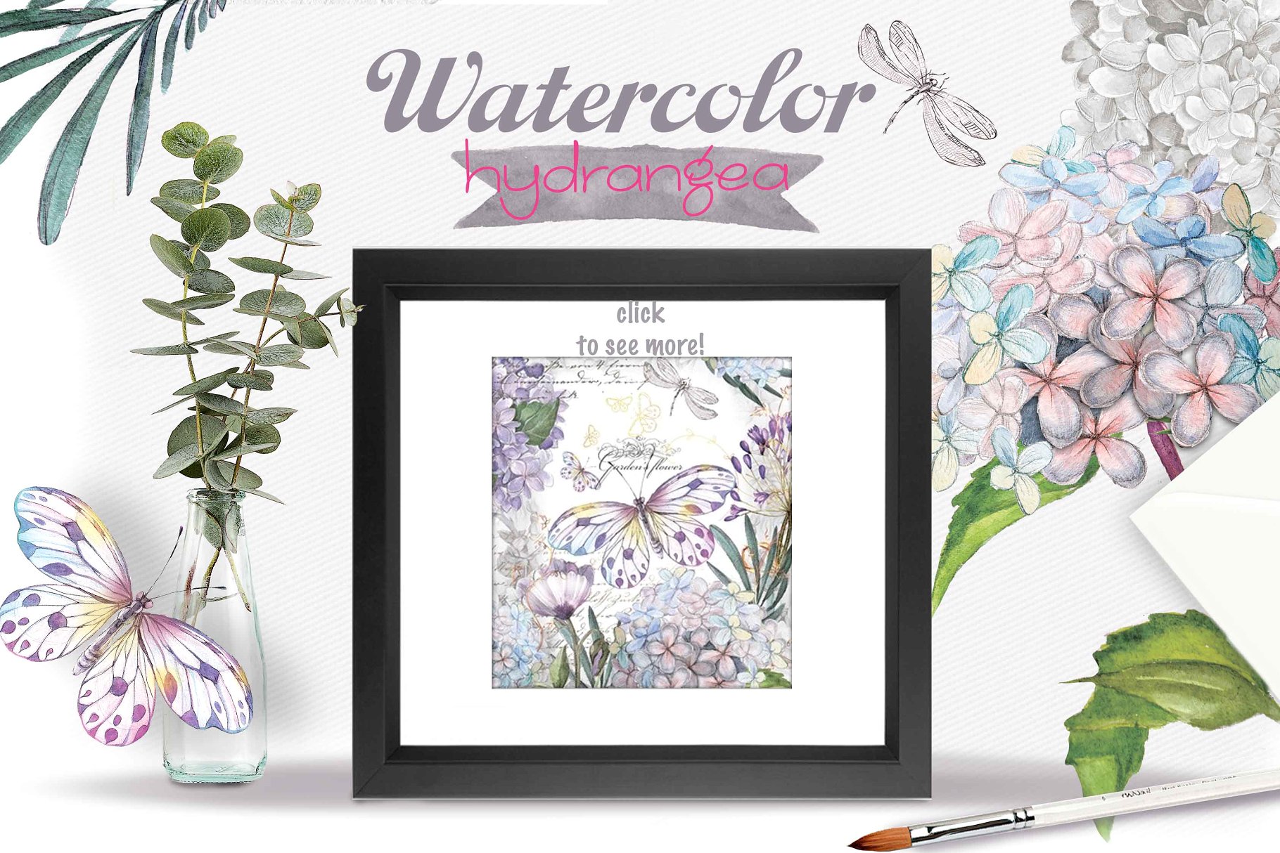 八仙花水彩剪贴画素材 Hydrangea flowers插图(1)