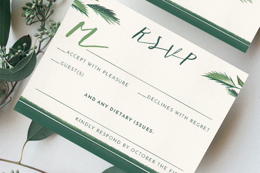 简约热带植物装饰婚礼邀请函模板 Classy Tropical Wedding Suite插图(2)