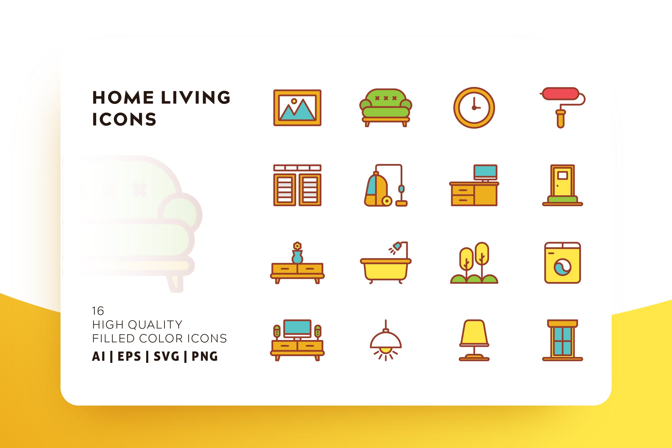 家庭生活主题填充彩色图标素材 HOME LIVING FILLED COLOR插图