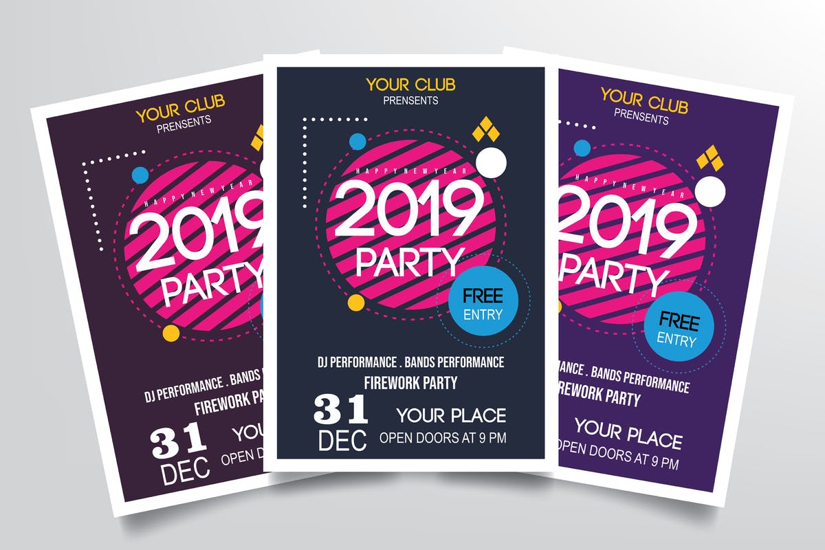 圆形条纹2019年新年海报设计模板 Happy New Year 2019 Party Flyer Template插图