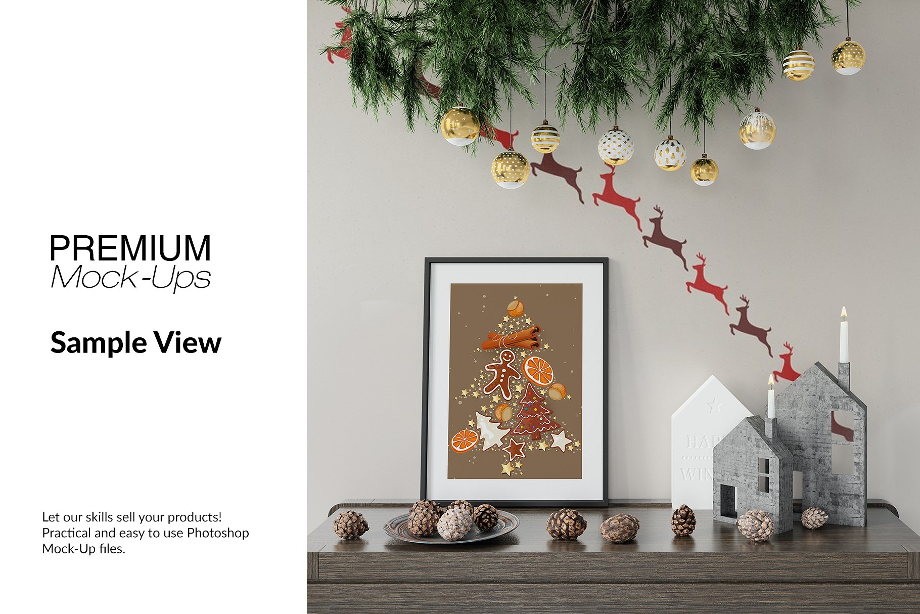 高品质的圣诞节画框框架和墙壁装饰展示样机 Christmas Frames & Wall Set [psd,jpg]插图(6)