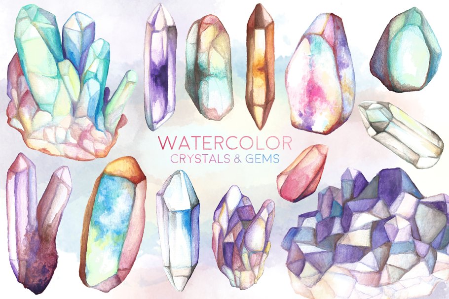 水晶&宝石水彩图案纹理 Watercolor Crystals & Gems Bundle插图