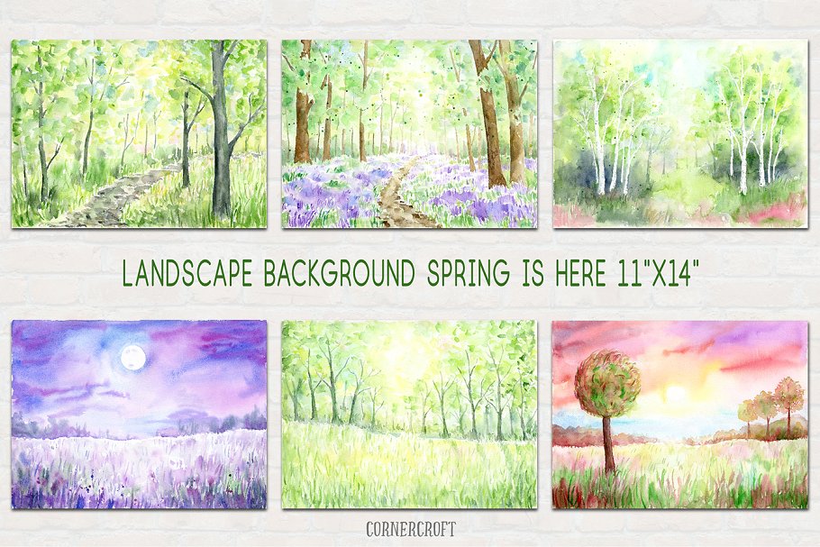 手绘春季山水水彩背景 Watercolour Landscape Print Spring插图