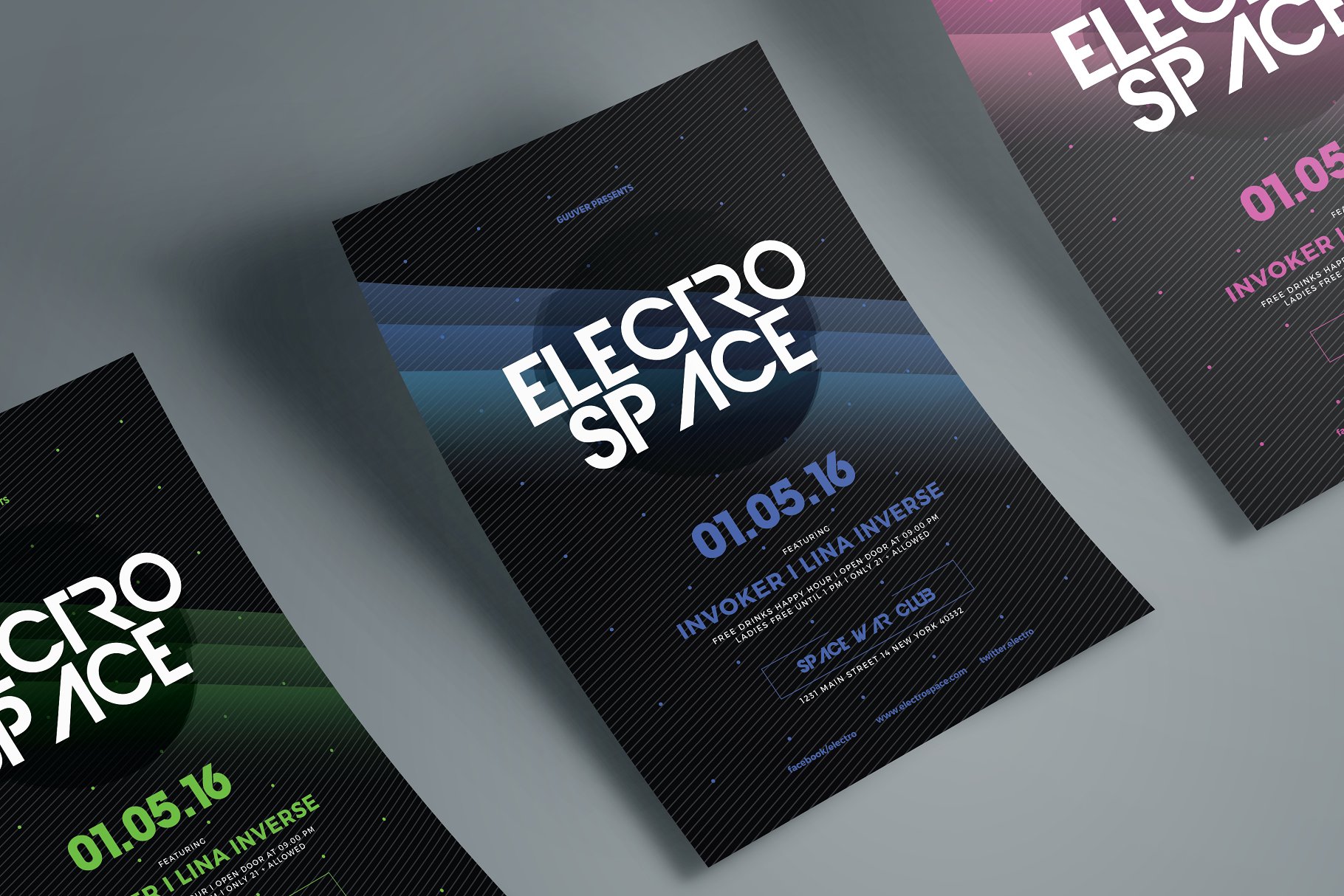 3色企业活动大会宣传海报模板  Electro Space Party插图(4)