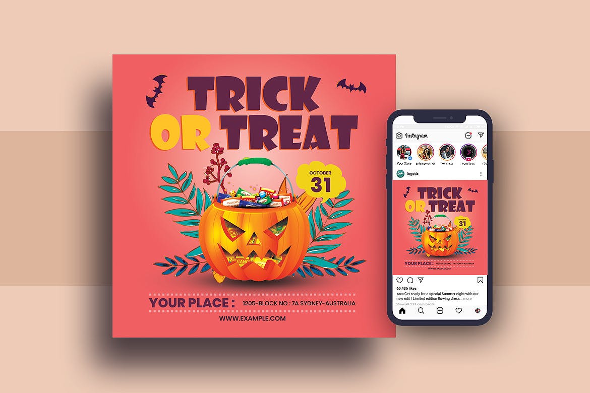 万圣节不给糖就捣蛋主题传单设计模板&Instagram社交设计素材 Halloween Trick Or Treat Flyer & Instagram Post插图(1)