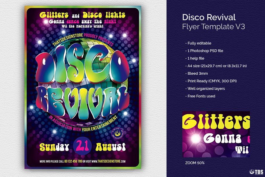 迪斯科音乐舞会活动宣传单PSD模板V3 Disco Revival Flyer PSD V3插图