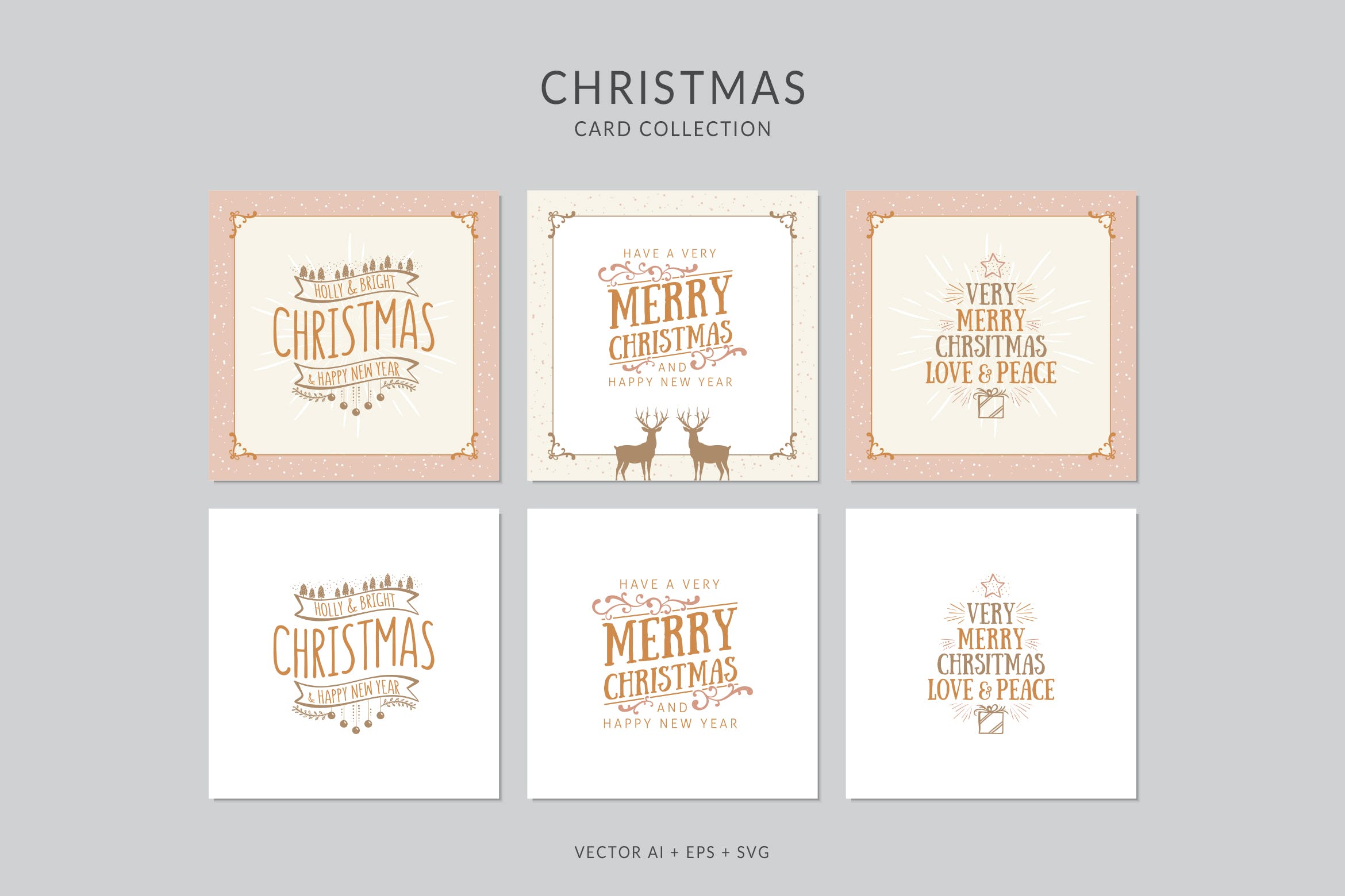 复古设计风格圣诞节贺卡矢量设计模板集 Christmas Greeting Card Vector Set插图