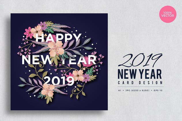 2019年新年贺卡手绘花卉插画设计模板v5 Happy New Year 2019 Floral Vector Card Vol.5插图(1)