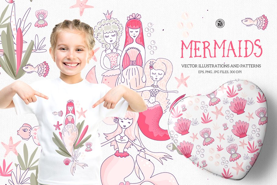 儿童产品素材粉红色美人鱼矢量剪贴画 Mermaids插图