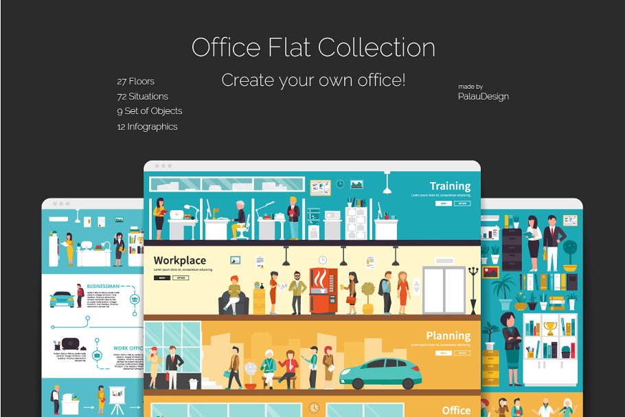 扁平风格办公楼层办公室概念插图 Office Flat Collection插图