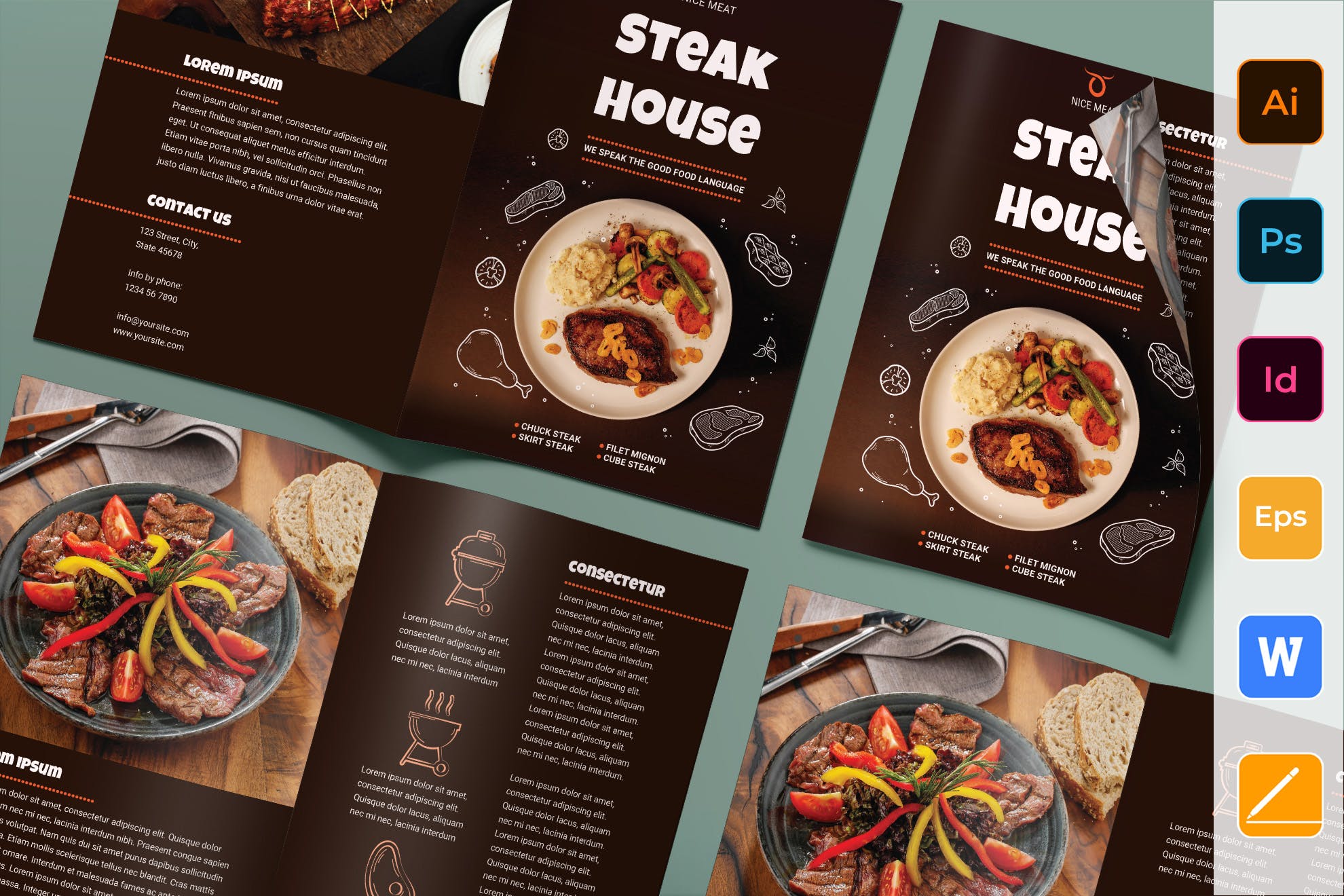 牛排餐厅对折传单设计模板 Steak House Brochure Bifold插图