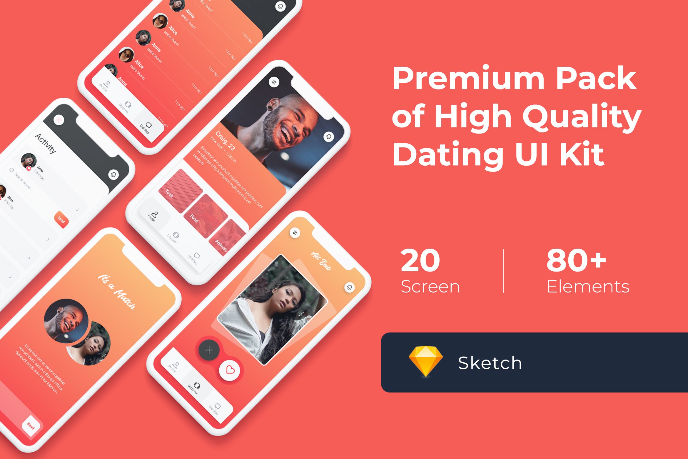 网上约会APP社交应用UI界面设计SKETCH模板 Dating Mobile UI KIT for Sketch插图